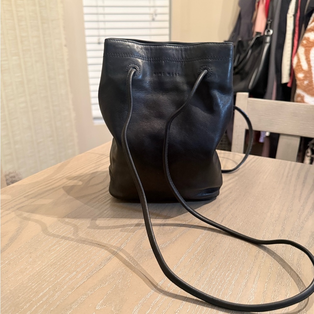 Nine West Black Leather Drawstring Crossbody Bag